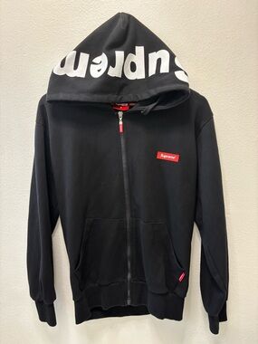 Supreme Black Zip Hoodie with White Hood Print and Red Box Logo